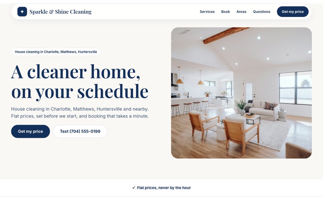 The Modern website look, shown for a sample cleaning business